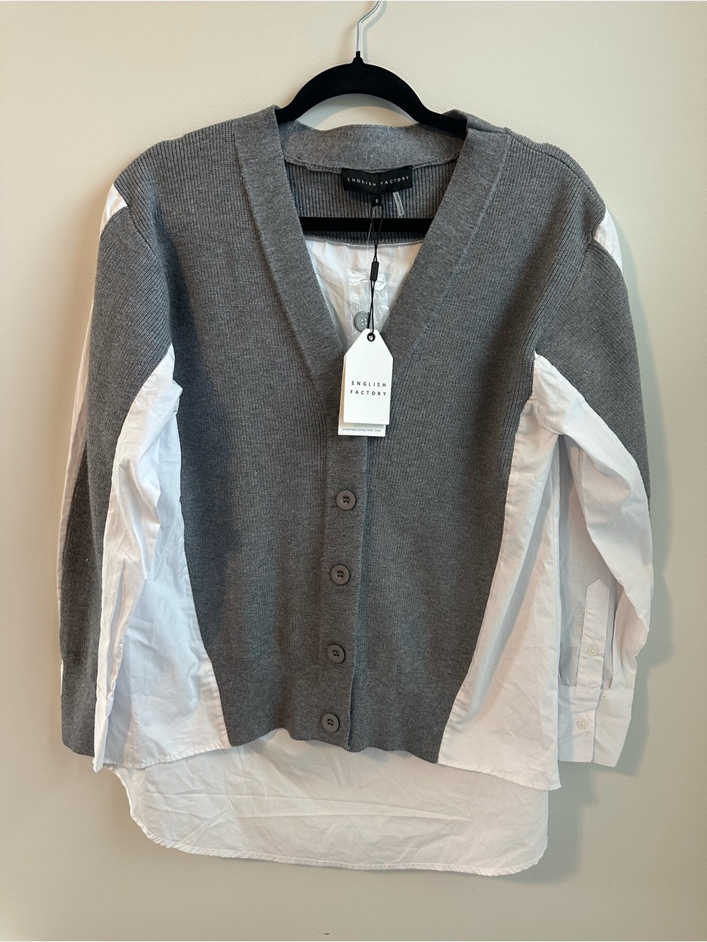 English Factory Gray Knit Cardigan with White Shirt Detail